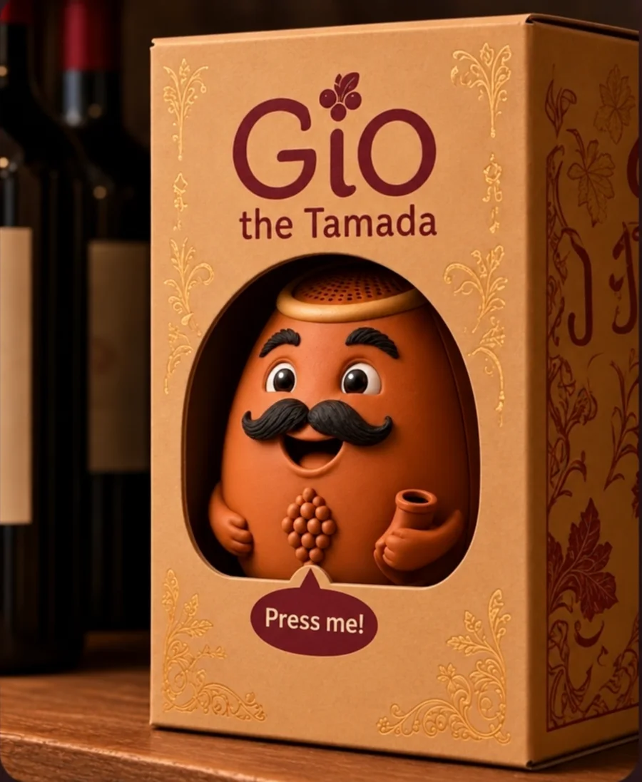 Gïo the Tamada in his kraft gift box with gold vine patterns and a “Press me!” tab under his grape belly, on a wine shop shelf
