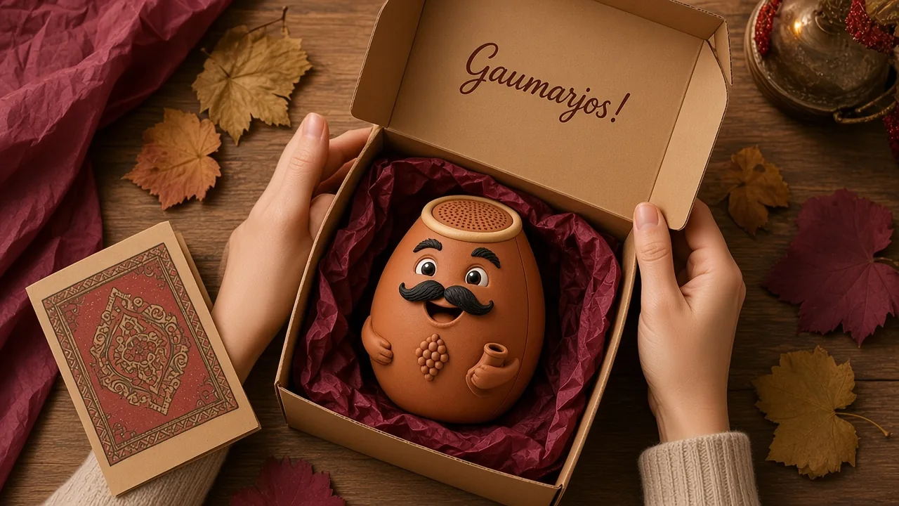 Hands opening a kraft gift box lined with burgundy tissue, Gïo inside and “Gaumarjos!” written in the lid