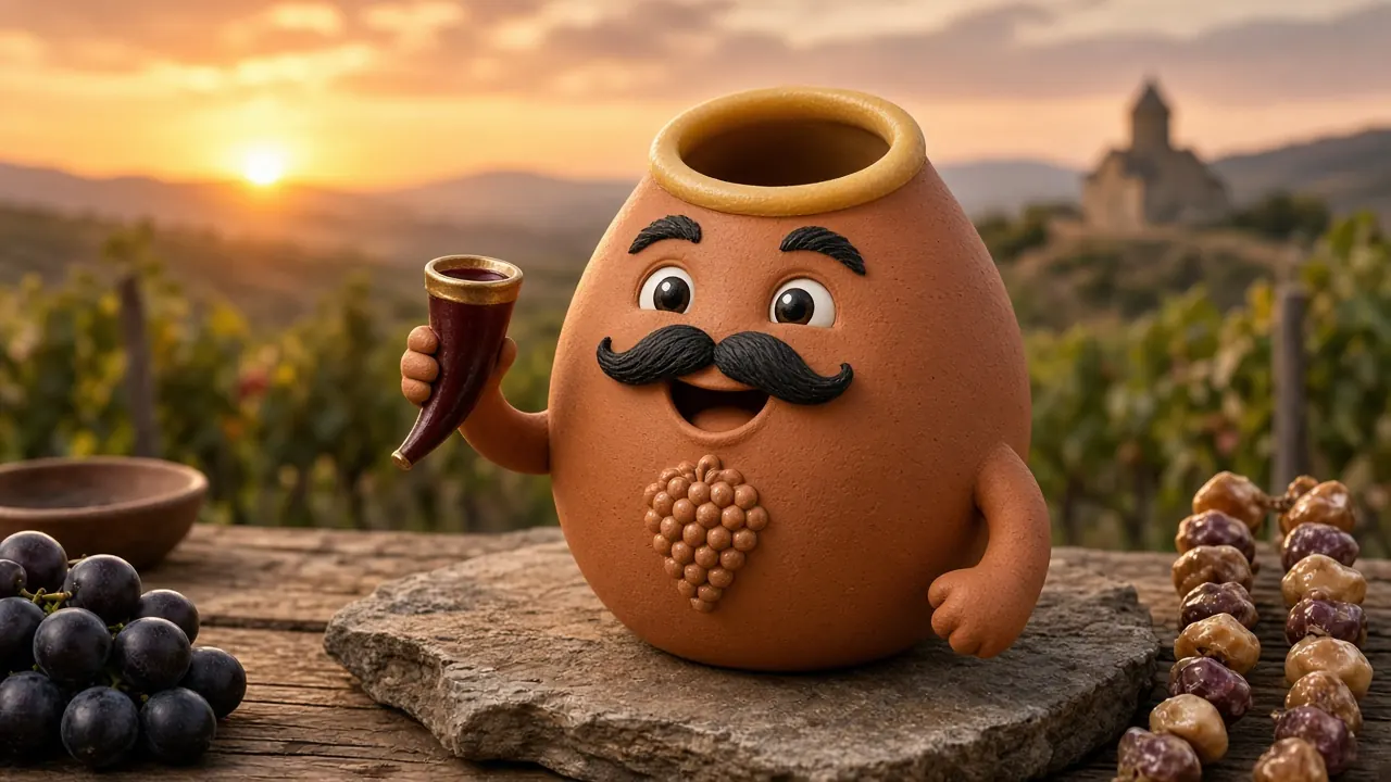 Gïo raising a drinking horn on a stone table in a Georgian vineyard at sunset